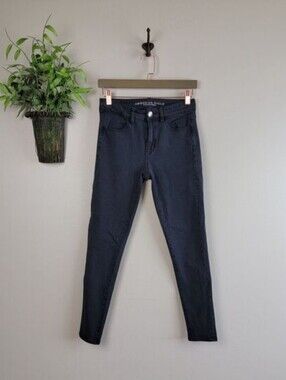 AE 2 American Eagle Black Skinny Super Stretch X4 Jeans Hi Rise Jegging Faded